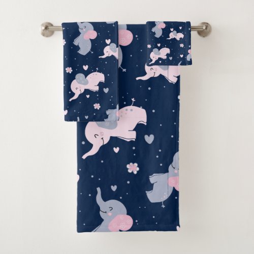 Cute cartoon elephants pattern on navy_blue bath towel set