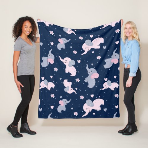 Cute cartoon elephants pattern on navy_blue fleece blanket