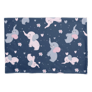 Cute cartoon elephants pattern on navy-blue pillow case