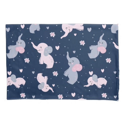 Cute cartoon elephants pattern on navy_blue pillow case