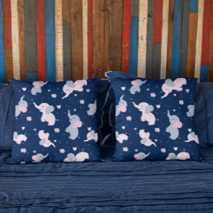 Cute cartoon elephants pattern on navy-blue throw pillow