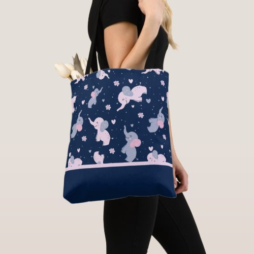 Cute cartoon elephants pattern on navy_blue tote bag