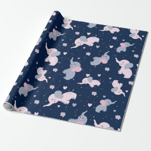 Cute cartoon elephants pattern on navy-blue wrapping paper