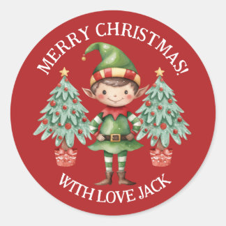 Cute Cartoon Elf Boy Merry Christmas Letter Classic Round Sticker