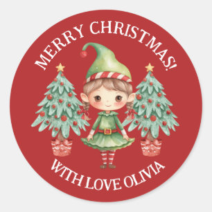 Cute Cartoon Elf Girl Merry Christmas Favor Seal