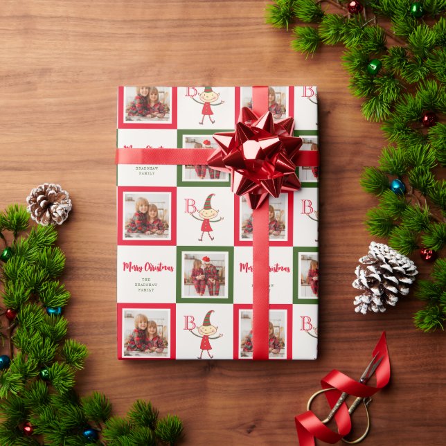 Cute Cartoon Elf Monogram Merry Christmas Photo Wrapping Paper (Holiday Gift)