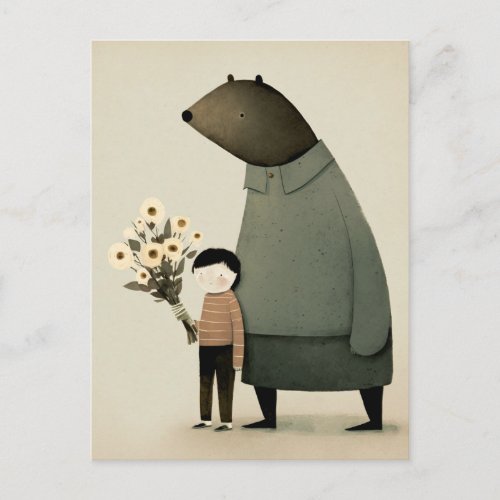 Cute cartoon fairy bear and boy Floral Birthday Postcard