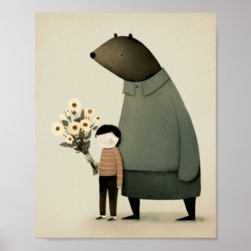 Cute cartoon fairy bear and boy Floral Birthday  Poster