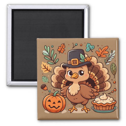 Cute Cartoon FallThanksgiving turkey and pumpkin Magnet