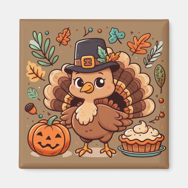 Cute Cartoon Fall/Thanksgiving turkey and pumpkin Magnet (Front)