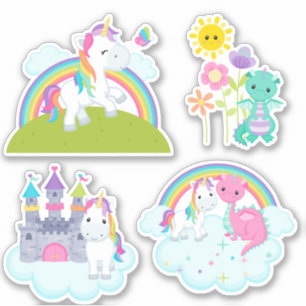 Cute Cartoon Fantasy Unicorns and Dragon Stickers