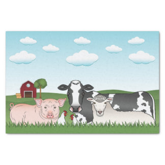 Cute Cartoon Farm Animals With Barn And Blue Sky Tissue Paper