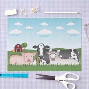 Cute Cartoon Farm Animals With Barn And Blue Sky Tissue Paper