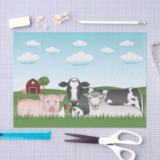 Cute Cartoon Farm Animals With Barn And Blue Sky Tissue Paper