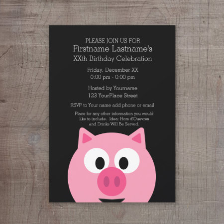 Cute Cartoon Farm Pig - Pink And Black Invitation