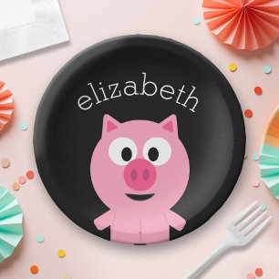 Cute Cartoon Farm Pig - Pink and Black Paper Plates