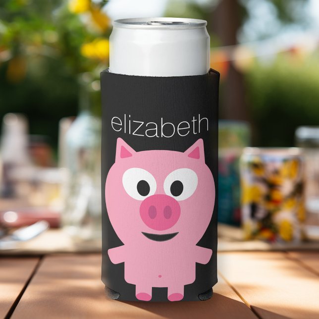 Cute Cartoon Farm Pig - Pink and Black Seltzer Can Cooler (Personalized Seltzer Cooler - add custom text and more)