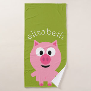 Cute Cartoon Farm Pig - Pink and Lime Green Bath Towel