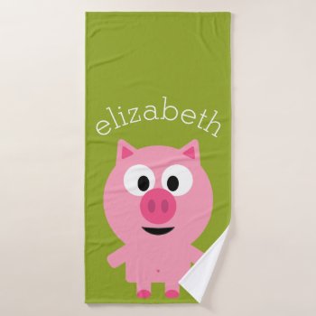 Cute Cartoon Farm Pig - Pink And Lime Green Bath Towel by GotchaShop at Zazzle