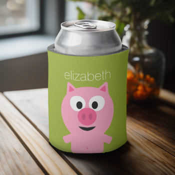 Cute Cartoon Farm Pig - Pink And Lime Green Can Cooler by GotchaShop at Zazzle