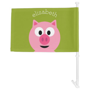 Cute Cartoon Farm Pig - Pink and Lime Green Car Flag