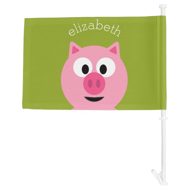 Cute Cartoon Farm Pig - Pink and Lime Green Car Flag (Back)