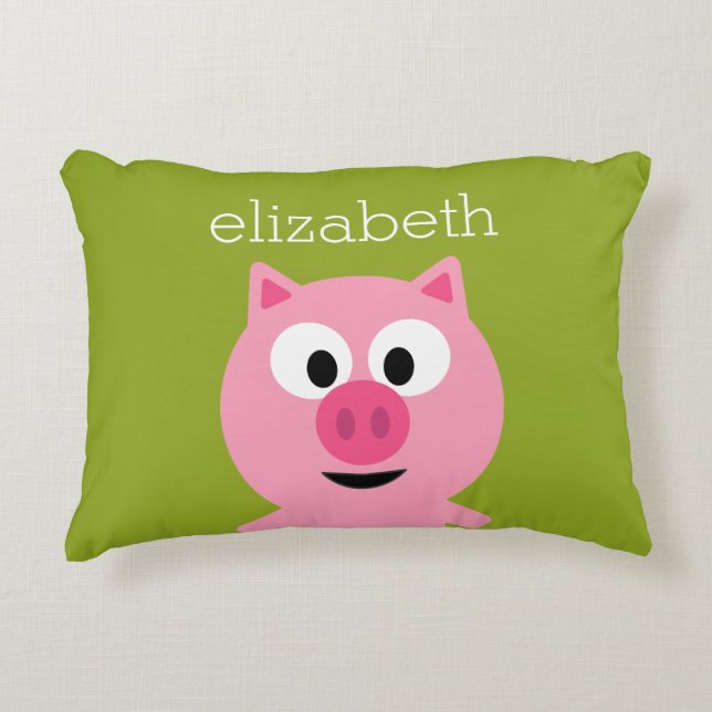 Cute Cartoon Farm Pig - Pink and Lime Green Decorative Pillow (Front)