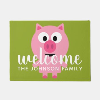 Cute Cartoon Farm Pig - Pink And Lime Green Doormat by GotchaShop at Zazzle