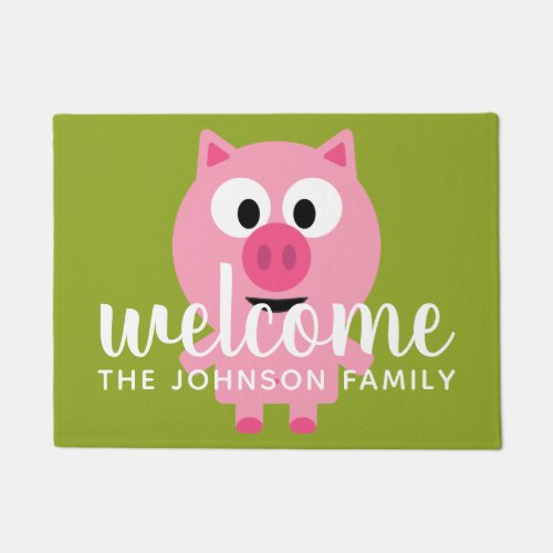 Cute Cartoon Farm Pig _ Pink and Lime Green Doormat