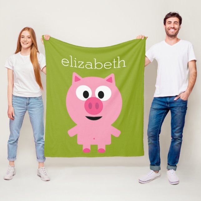Cute Cartoon Farm Pig - Pink and Lime Green Fleece Blanket (In Situ)