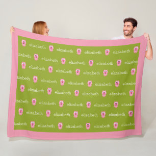 Cute Cartoon Farm Pig - Pink and Lime Green Fleece Blanket