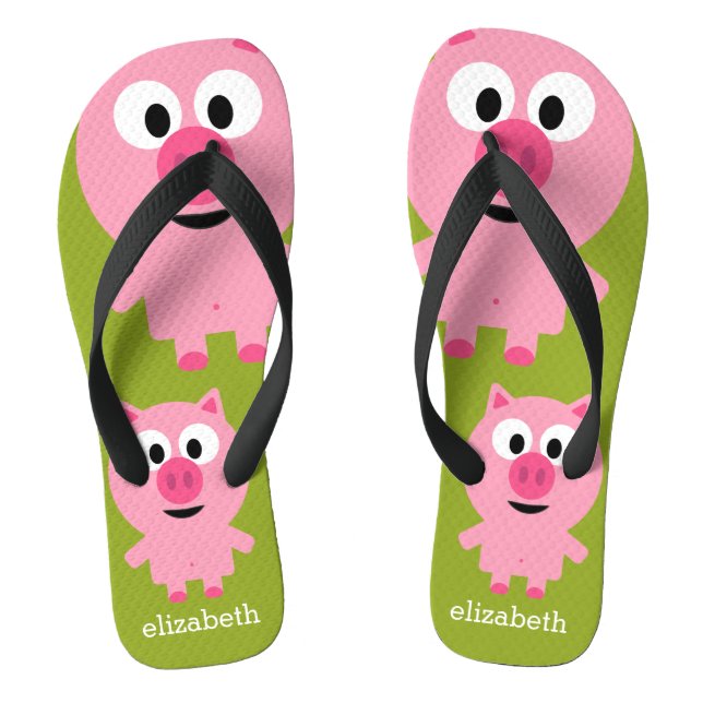 Cute Cartoon Farm Pig - Pink and Lime Green Flip Flops (Footbed)
