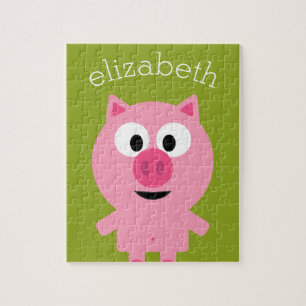 Cute Cartoon Farm Pig - Pink and Lime Green Jigsaw Puzzle