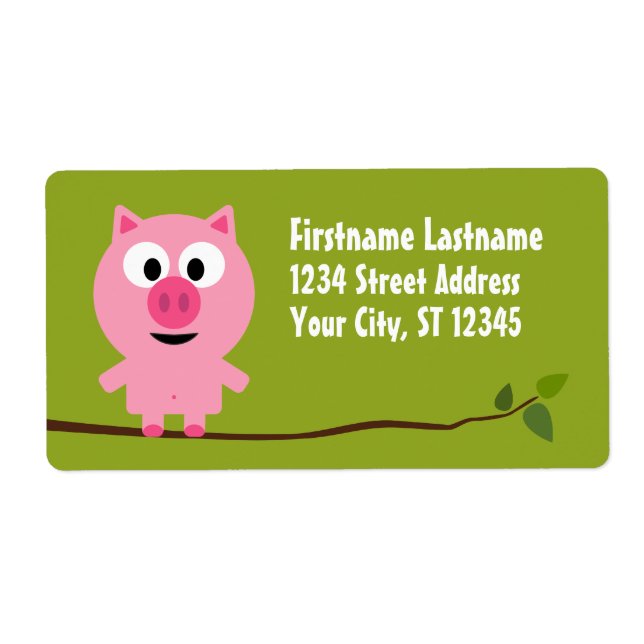 Cute Cartoon Farm Pig - Pink and Lime Green Label (Front)