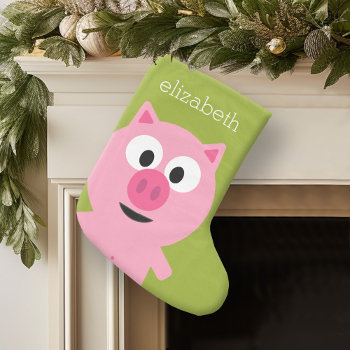 Cute Cartoon Farm Pig - Pink And Lime Green Large Christmas Stocking by GotchaShop at Zazzle