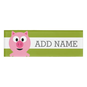 Cute Cartoon Farm Pig - Pink And Lime Green Name Tag by GotchaShop at Zazzle