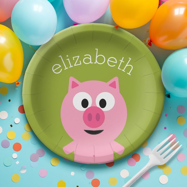 Cute Cartoon Farm Pig - Pink and Lime Green Paper Plates (Custom Paper Plate for a Party)