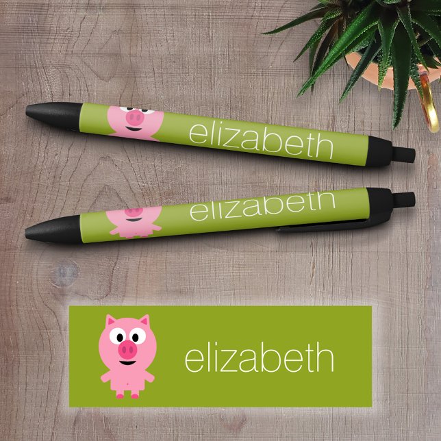 Cute Cartoon Farm Pig - Pink and Lime Green Pen (Personalized writing pens - Add your text )