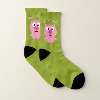 Cute Cartoon Farm Pig - Pink And Lime Green Socks by GotchaShop at Zazzle
