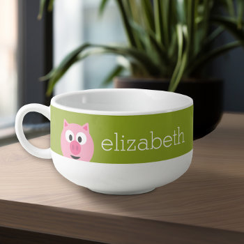 Cute Cartoon Farm Pig - Pink And Lime Green Soup Mug by GotchaShop at Zazzle