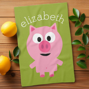 Cute Cartoon Farm Pig - Pink and Lime Green Towel