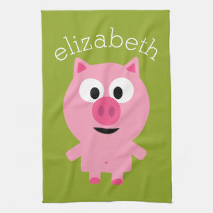 Cute Cartoon Farm Pig - Pink and Lime Green Towel