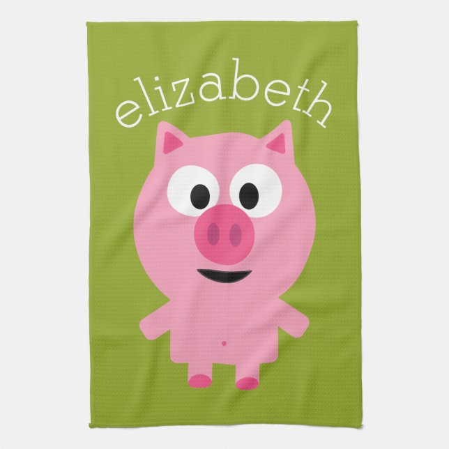 Cute Cartoon Farm Pig - Pink and Lime Green Towel (Vertical)