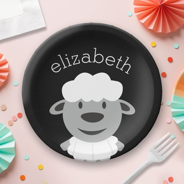 Cute Cartoon Farm Sheep - black and gray Paper Plates (Custom Paper Plate for a Party)
