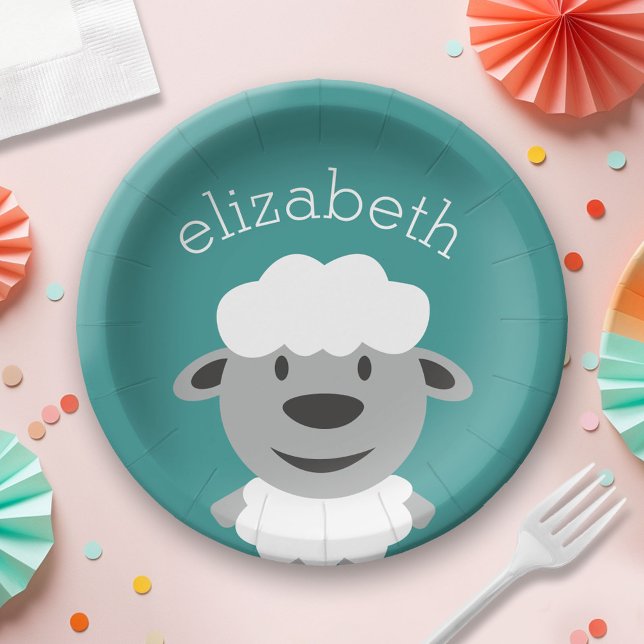 Cute Cartoon Farm Sheep - Teal and gray Paper Plates (Custom Paper Plate for a Party)