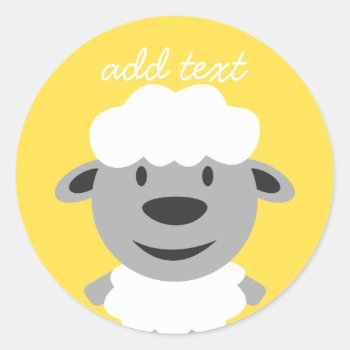 Cute Cartoon Farm Sheep - Yellow And Gray Classic Round Sticker by GotchaShop at Zazzle