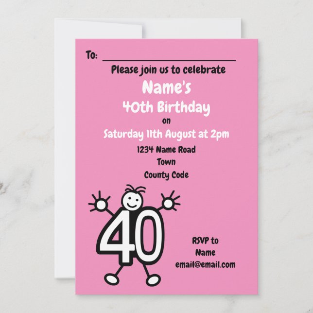 Cute Cartoon Female Funny 40th Birthday Party Invitation (Front)