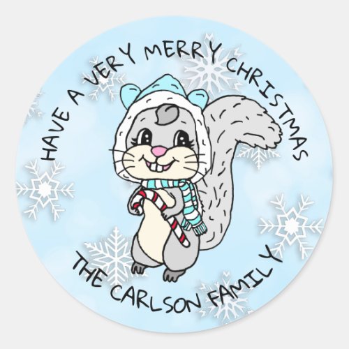 Cute Cartoon Festive Squirrel Christmas Classic Round Sticker
