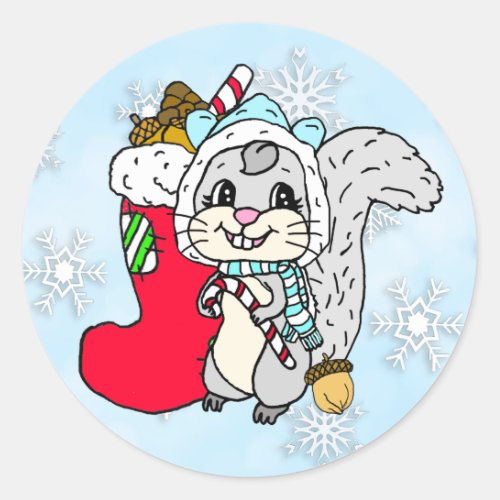 Cute Cartoon Festive Squirrel Christmas Classic Round Sticker