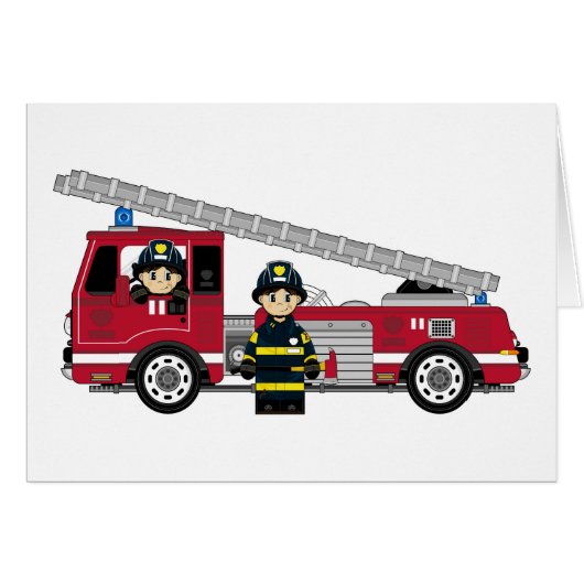 Cute Cartoon Fireman and Fire Engine Cards (Front Horizontal)